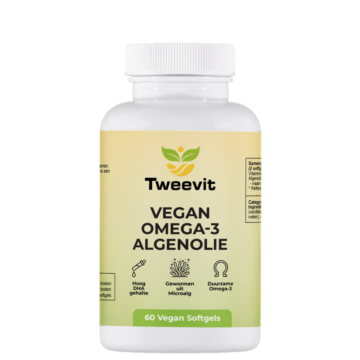 Tweevit Vegan Omega-3 Algenolie – 60 vegan softgels met 1000 mg algenolie (400 mg DHA) en vitamine E uit microalgen, duurzame omega-3 bron.
